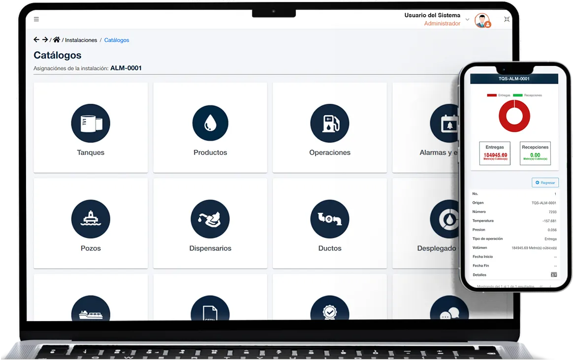 Computadora y smartphone con capturas de pantalla del sistema Control Volumétrico 360